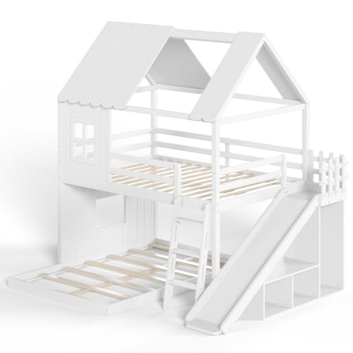 Image of Bellemave Bunk beds Full Over Full with Slide,Ladders,Bookshelf and Wardrobe House roof Design, Low bunk /loft Bed for Kids,White
