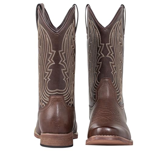 J's.o.l.e Mens Cowboy Boots Square Toe Western Retro Distressed Embroidered Slip On Wide Calf Riding Country Work Boot Brown2