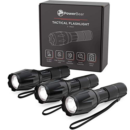 PowerBear LED Tactical Flashlight [3 Pack] Water Resistant with 5 Light Modes