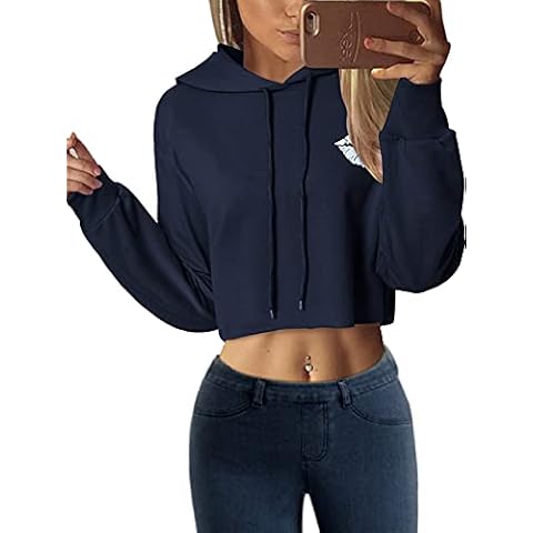 YOINS Womens Hoodies Long Sleeve Jumper Solid Sweatshirt Pullover Sweater Plain Hooded Top Hoody Cropped Jumpers Crop Tops Crop Tops~Navy S Cover