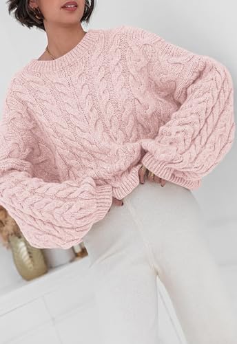 Image of PRETTYGARDEN Womens Sweaters Spring 2026 Cable Knit Long Sleeve Crewneck Oversized Sweater Chunky Pullover Loose Outfits
