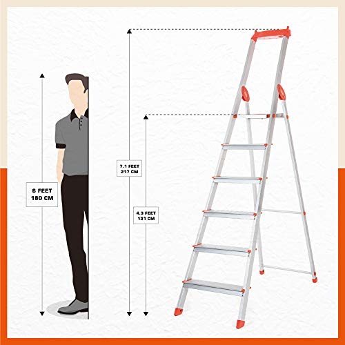 Image of Bathla Elevate 6-Step Foldable Aluminium Ladder for Home with Tool Tray | Anti-Skid | Durable, Heavy Duty, Safe & Stylish | 5-Year Warranty | Orange