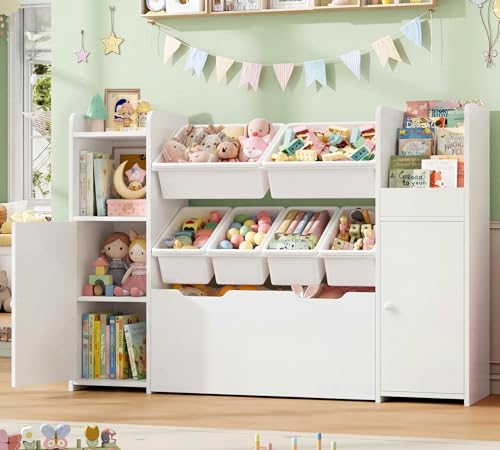 HIFIT 55'' Toy Storage Organizer Kids Bookshelf with 6 Toy Bins, Playroom Toy Storage Cabinet with Large Drawer & Adjustable Shelf & Doors, Toy Chest Storage for Kids Room, Living Room, Nursery, White