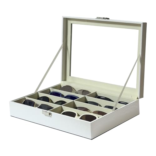 UnionPlus Estojo organizador de óculos de sol com 8 compartimentos, colecionador de óculos de sol, estojo de armazenamento de vários óculos de sol, branco croco