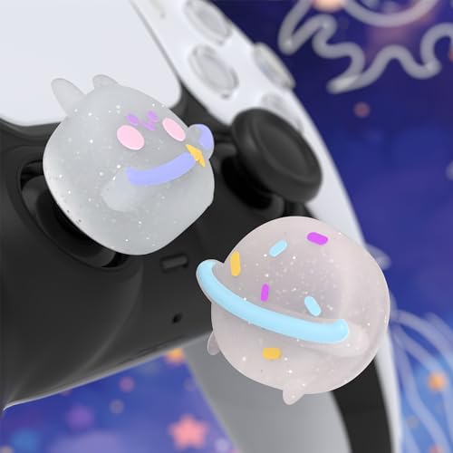 Image of PlayVital Cute Universal Illuminated LED Thumbstick Grips for ps5, for ps4, Joystick Caps for Xbox Series X /S, for Xbox One, Switch Pro Controllers, Joystick Protection - Planet & Sweet Bunny