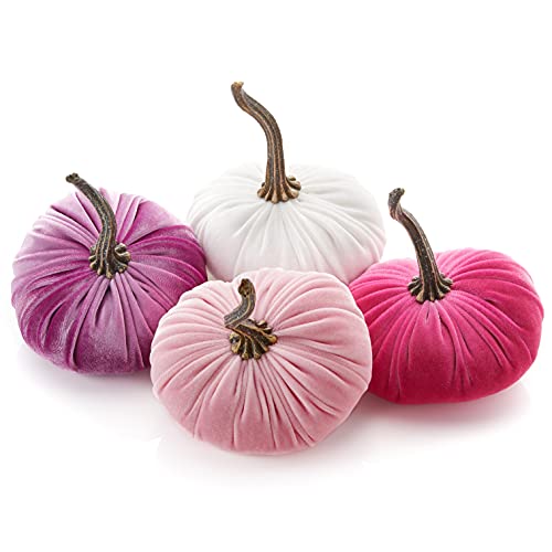 Set of 4 Small Velvet Pumpkins, pink pumpkin decor, our little pumpkin baby girl, office decor for her, elegant gift set basket for mom, autumn wedding centerpiece (Pink, Magenta, White, Hot Pink)