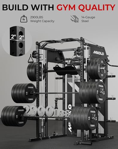 Image of Mikolo Smith Machine with Weight Stack, Power Cage Home Gym System with LAT Pulldown & Cable Crossover, Multi-Functional Trainer with Dual Pulley System, Includes 10+ Free Attachments