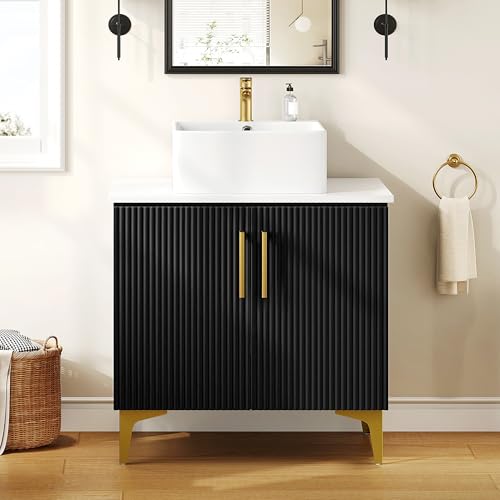 Top 10 Picks for the Best Quality Bathroom Vanity Reviewed 9 YITAHOME 30 Inch Bathroom Vanity with Vacuum Forming, Freestanding Storage Cabinet Vanity with Engineered White Stone Countertop, 2 Large Soft Closing Doors with Shelf, Gold Handles & Legs, Black