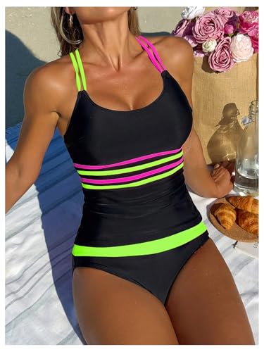 Women's 2 Piece Color Block Tankini Swimsuits Tummy Control Criss Cross Spaghetti Strap Bathing Suit4