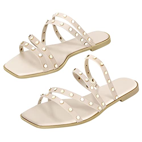 DAYDAYGO Cute Studded Flat Sandals For Women - Dressy Casual Square Toe Slides with Sparkle Bling and Soft Memory Foam Insole Nude Size 8.5 Studs