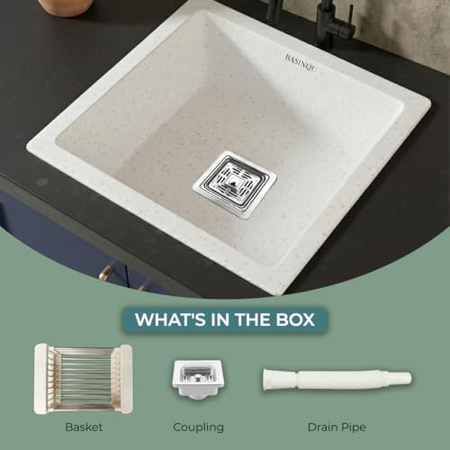 Image of BASINQU Quartz Sink for Kitchen | 18x16x9 Inches Rosa Single Bowl Kitchen Sink | Granite UV Protected, Granite Scratch Resistant, Undermount /Topmount