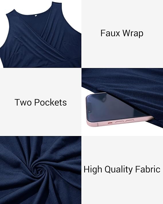 Image of Holipick Women's Plus Size Sleeveless V Neck Wrap Sundress Summer Casual Dress with Pockets