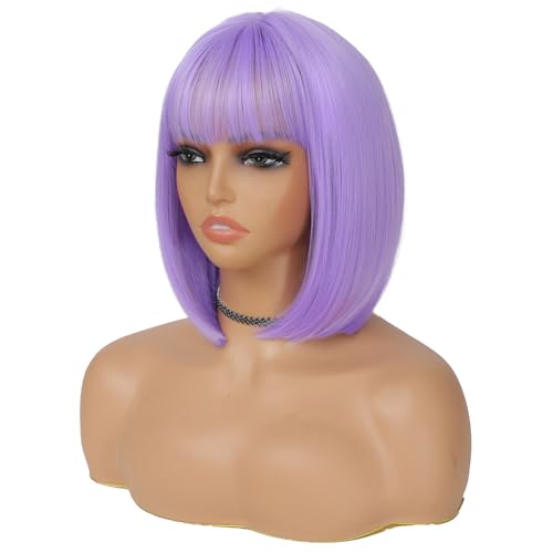 BEAUTIFA Purple Bob Wig with Bangs for Women 12 Inch Short Straight Lavender Wigs Synthetic Colored Wigs