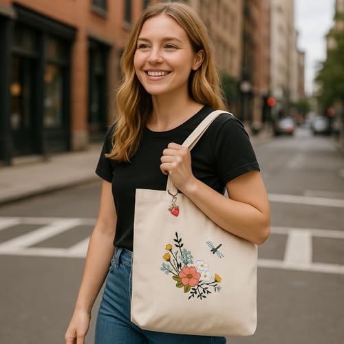 Image of Speedura Embroidery Kit for Beginners - Dual Canvas Tote Bags with Floral Cross Stitch Patterns | Complete Needlepoint Set Includes Hoops, Threads & Step-by-Step Video Tutorial (Beige & Black Set)