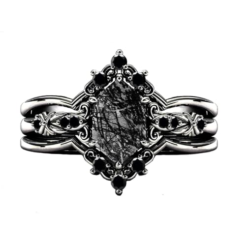 Natural Hexagon Black Rutilated Quartz Engagement Ring Set 925 Sterling Silver Rings for Her with Free Engraving Jewelry Gift for Women Black Rutilated Quartz Vintage Ring Set Size 4-15 -7