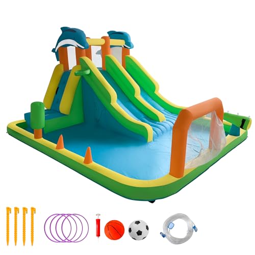 CATCHLUCK Castillo hinchable con tobogán de agua, equipo inflable, piscina infantil inflable para niños 2 toboganes, tema de delfines, tobogán, piscina, pistola de agua, 304 x 393 x 229 cm
