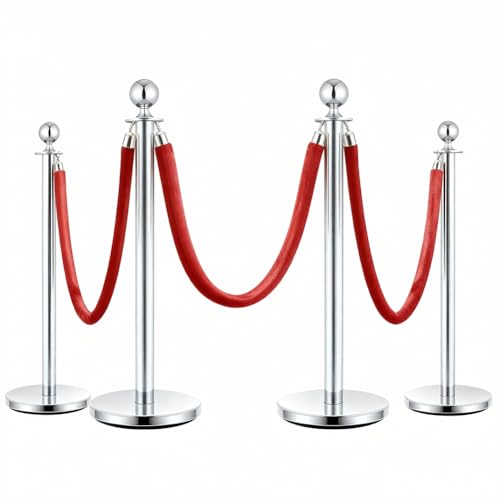 Poteaux de guidage en acier lot de 4 avec corde velours rouge 1,5m