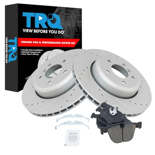 Image of TRQ Performance Rear Brake Pad and Rotor Set Ceramic Coated Drilled Slotted Compatible with 2008-2010 BMW 535i 2004-2005 545i 2006-2010 550i 645Ci 2007-2010 650i