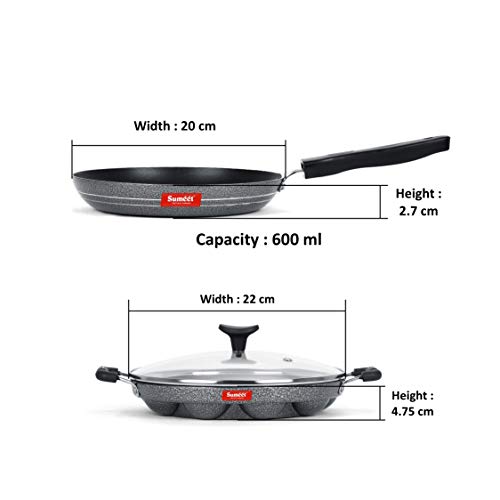 Image of SUMEET Aluminium NonStick Striae Bro Cookware Set (Silver , Tapper Pan - 0.6Ltr - 20Cm, Grill Appam Patra with Glass Lid - 12 Cavity - 22cm Dia)