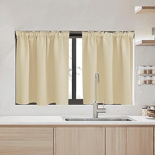 Image of RYB HOME Small Window Curtains - Blackout Insualting Privacy Curtains for Kids Bedroom Kitchen Bathroom Basement Cafe Cabinet Tiers Drapes, 34 Width x 24 Length, 2 Panels, Biscotti Beige