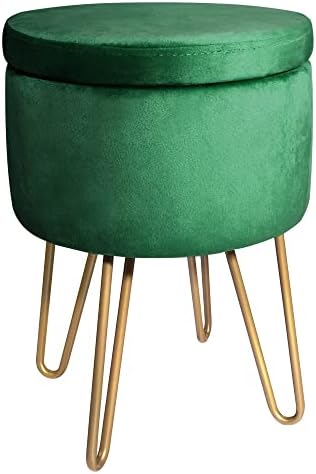 BONTEC Velvet Dressing Table Stool, Round Vanity Stool with Storange, Bedroom Ottoman Stool with Metal Legs for Home Living Room Fitting Room Bedroom (Green)