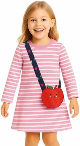 HILEELANG Toddler Girl Long Sleeve Dress Cotton Casual Jersey Shirt Playwear Applique Dress