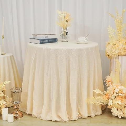 Trlyc Round Sequin Tablecloth - 72" Ivory Sparkly Table Cloths for Party Wedding Baby Shower Cover