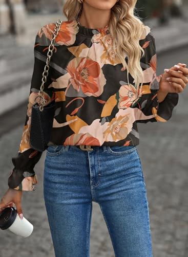 Women's Swiss Dot Shirt Ruffle Long Sleeve Pleated Crewneck Blouse Casual Loose Tops2