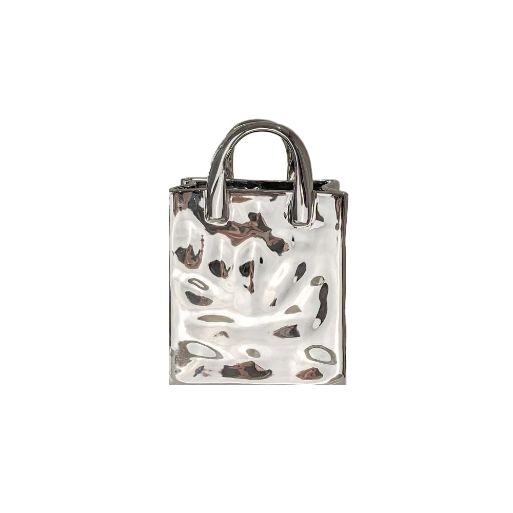 Rowen Homes Silver Elise Ceramic Mini Handbag Decorative Vase - 15.5Cm Luxury Designer‑Inspired Flower Vase Ornament For Table, Shelf & Living Room, Modern Home Decor - Luxury Interiors By (Silver)