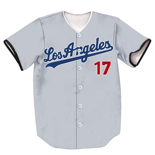 HOPSHION 17 Baseball Jersey Short Sleeve Button Shirts Gifts for Fans HF023-Grey-M