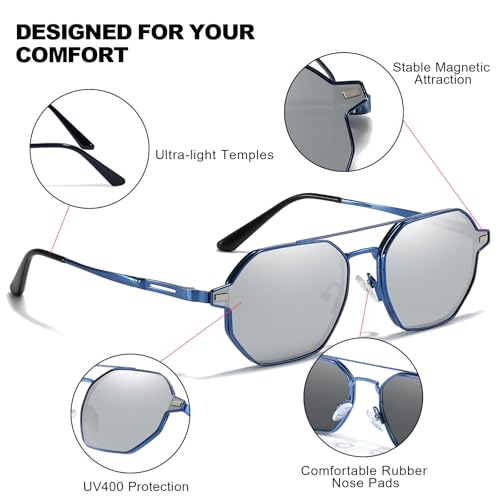 IGnaef Unisex Magnetic Sunglasses For Small to Medium Face, 2 in 1 Blue Light Blocking & Polarized Clip On Sunglasses IF88014