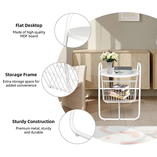 Ecomex Round Side Table, Metal End Table With Magazine Holder For Record Player Stand, Small End Table For Bedroom, Living Room, Balcony, Office Wood Table Top 1Pc White #TOP3