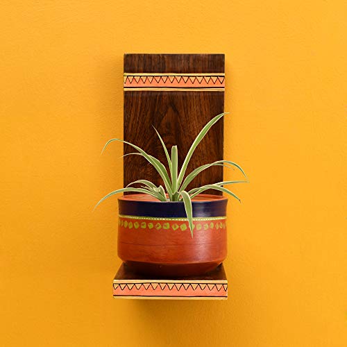 Image of AAKRITI ART CREATIONS Asmi Earthen Brown Planter with Wall Decor Shelf | Handmade Terracotta Planter & Wooden Wall Hanging Shelf | Matte Finish Decorative Wall Art for Living Room, Balcony & Gifting