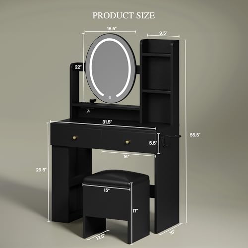 DWVO Vanity Desk with Oval Mirror and Lights, Makeup Vanity Table Set with Power Outlets and Chair, 3 Lighting Colors, Makeup Desk with 2 Drawer and Lots Storage Shelves, Bedroom, Black Dressing Table