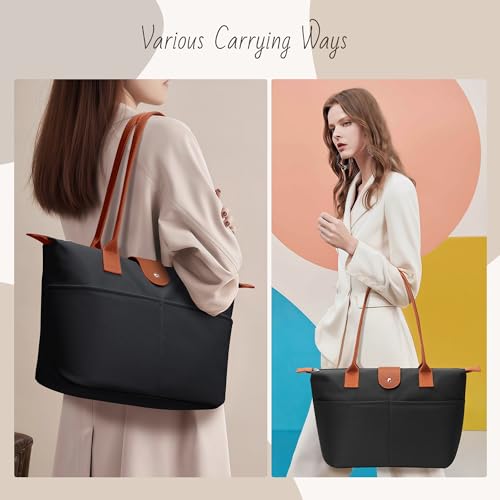 Image of Tote Bag for Women, Casual Hobo Foldable Shoulder Zipper Handbag | Water Repellent Nylon with Leather Handles Fit 15 inch Laptop for Work Weekender Travel Commute