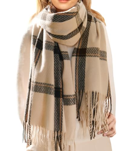 JFAN Schal für Damen Winter Schal Pashmina Cashmere Warmer Damen Scarf Elegante Lange Oversized kariert Wraps mit Quaste Beige