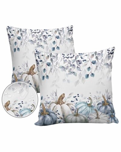 Edwiinsa Blue White Pumpkins Fall Outdoor Pillow Covers Waterproof, All Weather Cushion Case Set of 2, Maple Leaf Thanksgiving Decorative Pillowcases for Sofa Couch Bed Decor Patio Furniture 24
