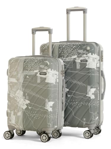 Image of Teakwood Premium Polypropylene Hard Case Printed Trolley Bag, Lightweight Unbreakable Luggage, 360 Dual Spinner Wheels, Side Combination Lock, Smooth Glide,Grey, Set of 2