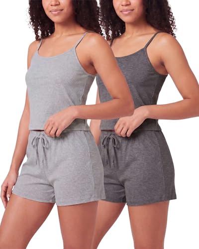 Image of Real Essentials 2 Pack: Women's Ribbed Cropped Cami and Short Set Pajama Sleep Lounge Sleepwear PJ Soft Drawstring Shorts