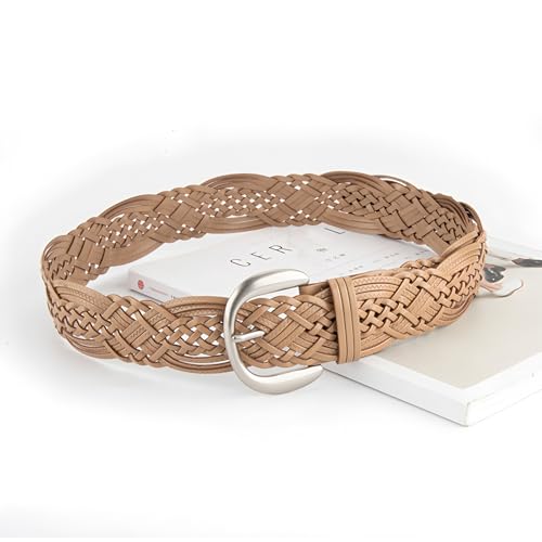 Women's Wide Braided Leather Belt with Silver Buckle, Hand-Woven Design with Silver Buckle3