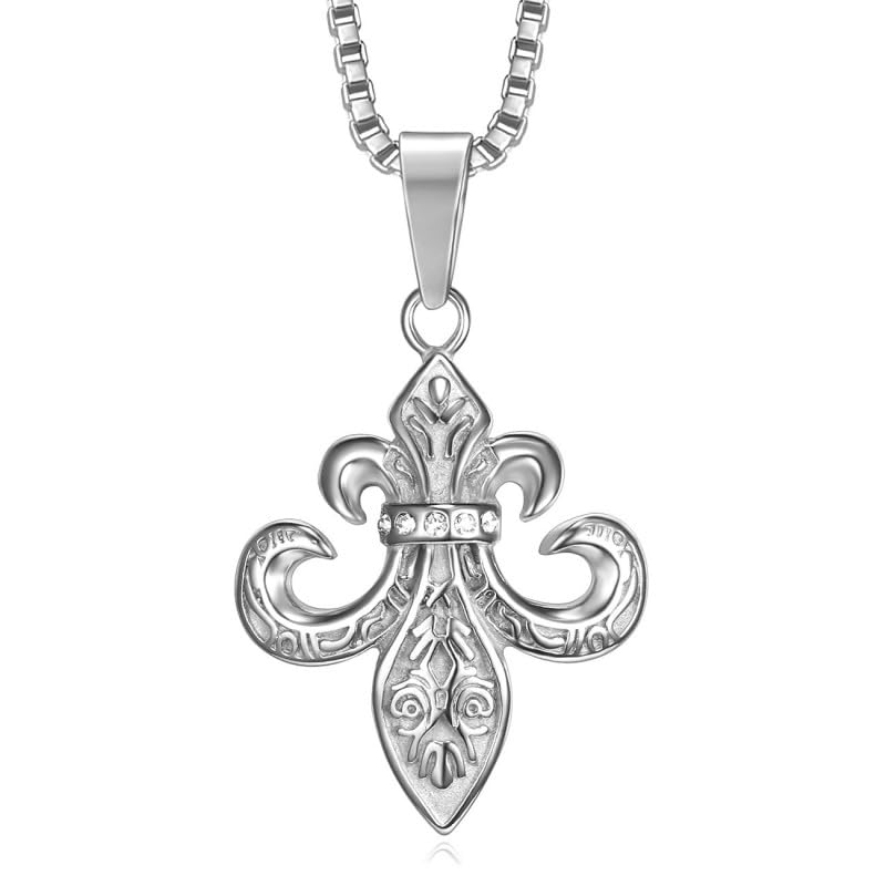 BOBIJOO Jewelry - Pendentif Argenté Fleur de Lys Patriote templier Royaliste Acier Strass + Chaîne