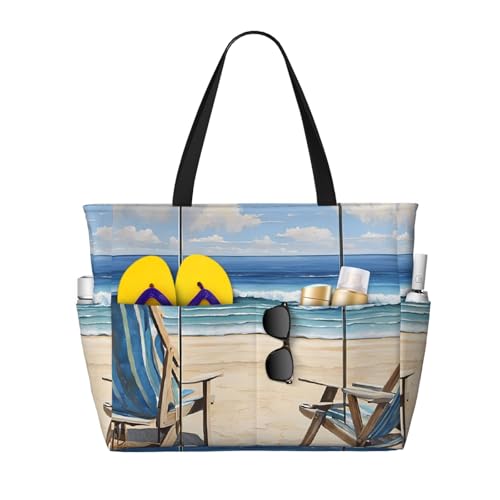 (beach scene with chairs) Large Beach Tote Bag for Women Waterproof Sandproof Travel Shoulder Bag with Pocket for Pool Vacation Weekend Gym