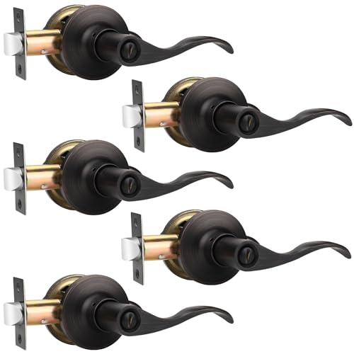 GOBEKOR 5 Pack Privacy Door Handles Wave Style, Oil Rubbed Bronze Door Levers Privacy Use Door Lock Set, Interior Bathroom/Bedroom Door Handle, Reversible for Left Right Sided Doors by GOBEKOR - Used condition - CA$50.87