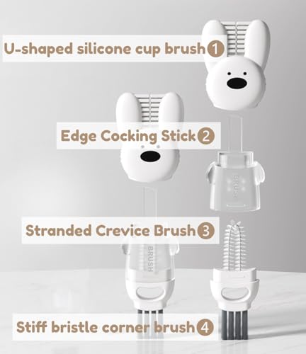 Image of 4 in 1 Cup Lid Cleaning Brush Cute Rabbit Shaped Cup Mouth Scrubber Portable Multifunctional Crevice Lid Cleaning Brushes 3PCS