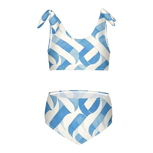 Blue Girls Two Piece Kids Bikini Set Scoop Neck Swimsuits Swimming Suits Cute Shoulder Strap