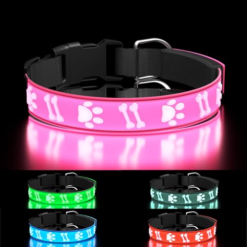 TOPOTO Light Up Dog Collar, 3D Design Adjustable Dog Collars 15 Glowing Modes Rechargeable Night Walk Safety Collar for Small Dogs, Pink - image 1