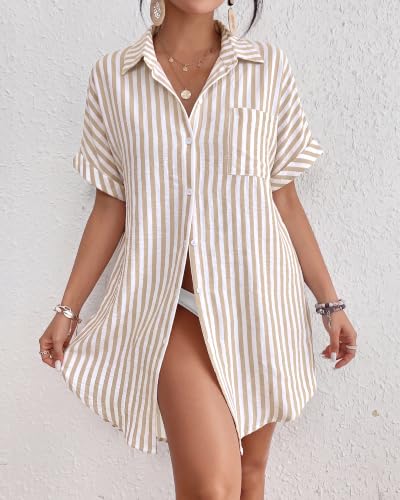 Image of Bsubseach Women Swimsuit Coverup Shirt Dress Button Down Bathing Suit Cover Up Beach Vacation Outfits