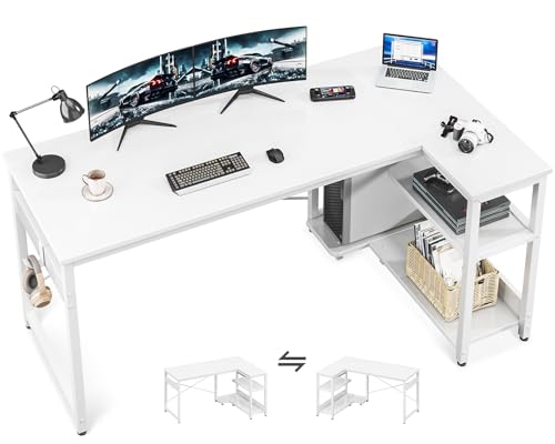 Casaottima L字型コンピューターデスク 55インチ スモールコーナーデスク 収納棚&PCスタンド付き リバーシブルゲーミングデスク 寝室用 モダンライティング学習テーブル ホームオフィス用 ホワイト