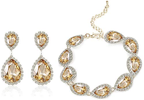 Paxuan Womens Silver / Gold Plated Teardrop White Champagne Crystal Wedding Bridal Jewelry Set Pendant Necklace Drop Dangle Earrings Set (Gold Plated Champagne Crystal Bracelet + Earrings)