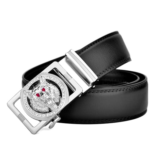 Ratchet Belt Men, Leather Belts for Men with Red-Eyed Wolf Head Pattern Alloy Square Diamond Buckle,Black b,115CM/45.3''3